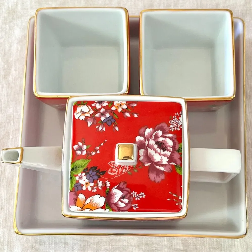 Square-shaped Taiwanese Red Hakka Floral Design 4pc Porcelain Tea Set NEW/UNUSED